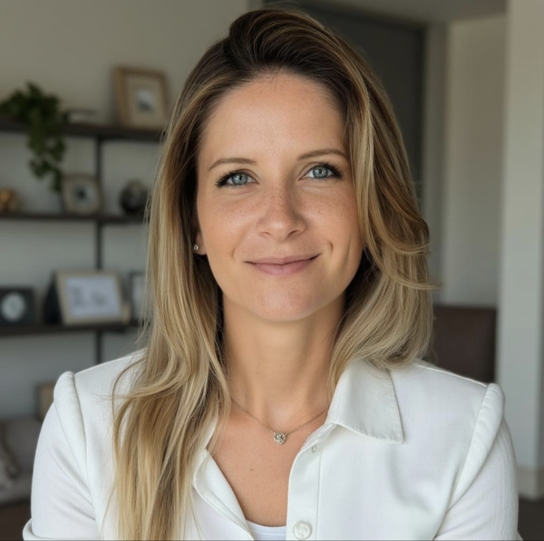 Marie Schönfeld arbeitet nachts am Laptop mit Blick auf die Stadt
